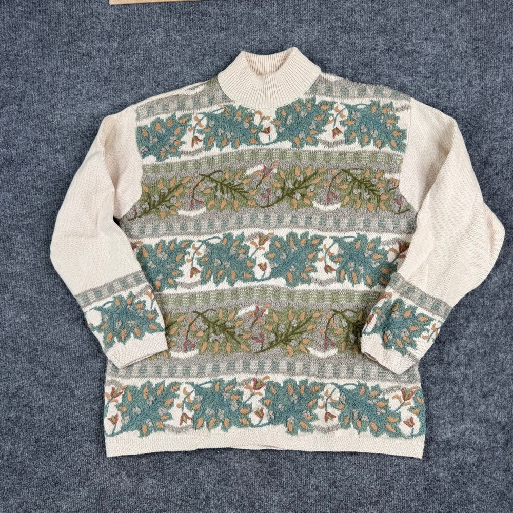Unbranded Sweater Womens Size L Cream Floral Leaf Knit Mock Neck Vintage Top